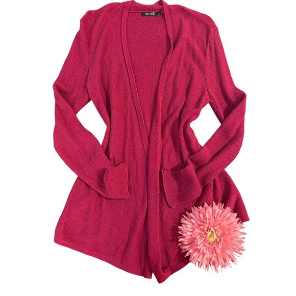 Nic+Zoe Hot Pink Open Front Lightweight Knit Cardigan Sweater Womens Size M - Picture 3 of 9
